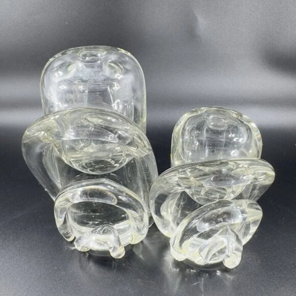 1985 Blodgett Clear Glass Bud Vase Set 2 Heavy Paperweight Manganese‎ 365nm UV